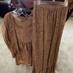 Sheer three-piece beige and burgundy outfit